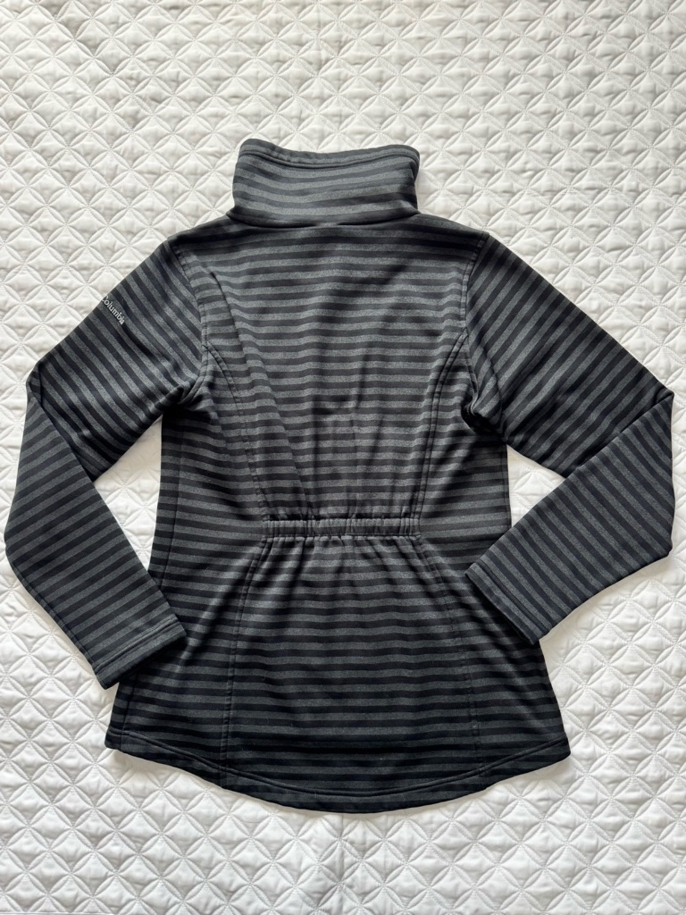 Columbia Mountain Run Black Gray Striped Crossover Funnel Neck Fleece Top Size S - Picture 14 of 15